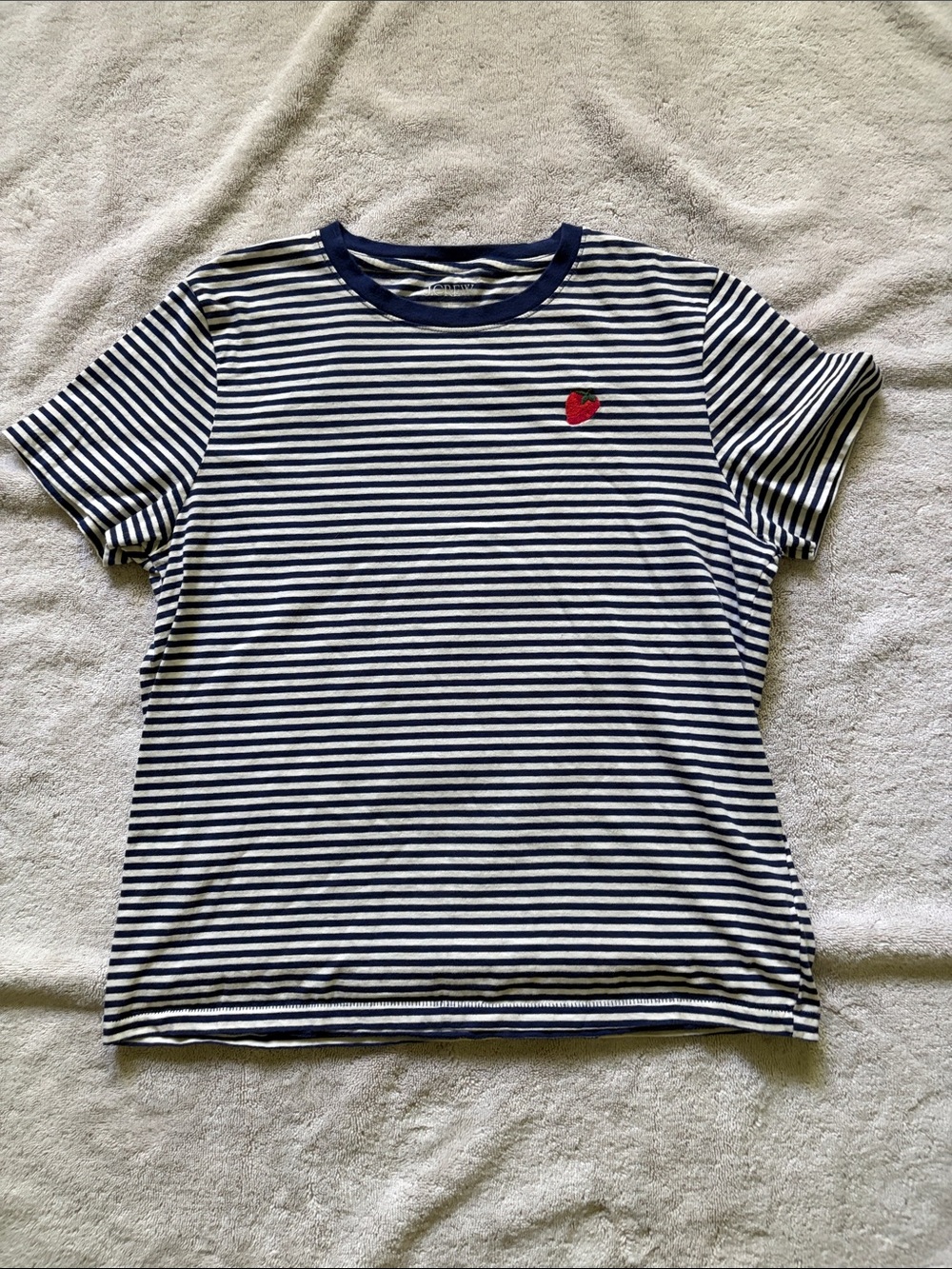 J. Crew Navy and White Striped Short Sleeve Tee with 🍓 Patch